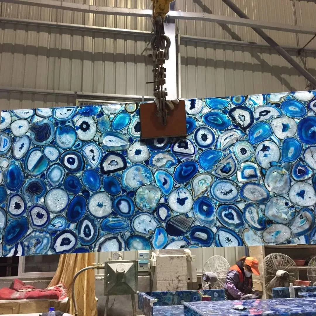 product yuanda china semi precious stone table manufacturer led backlit blue agate slab furniture factory-1