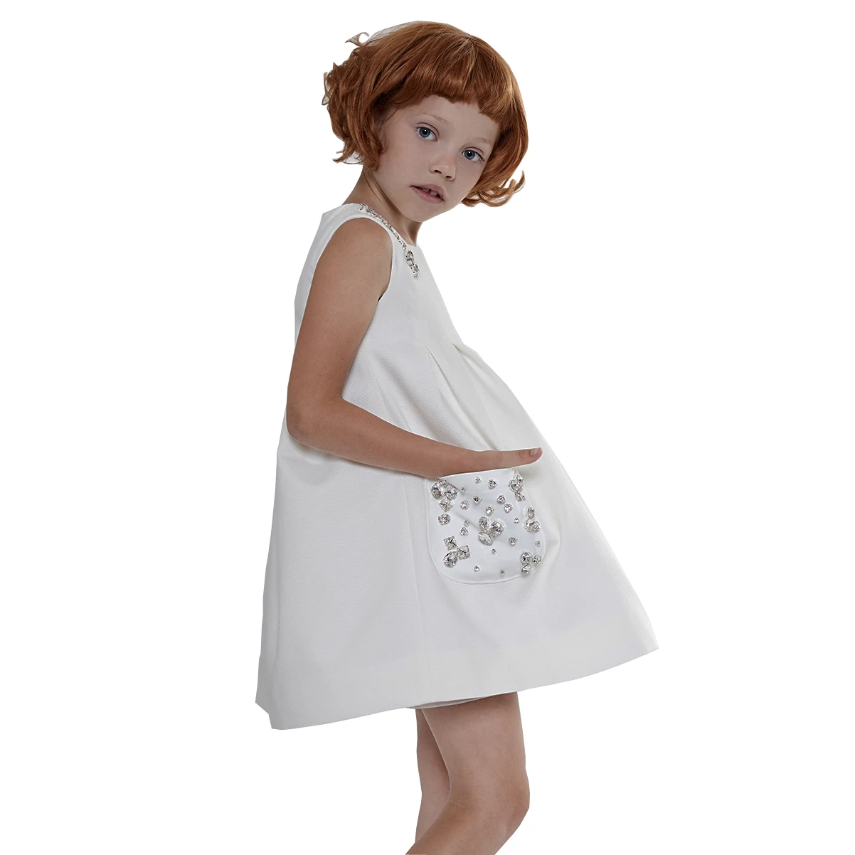 New arrival fashion simple design white color girl dress baby children girl dress with pockets dress for girl 2-10 year
