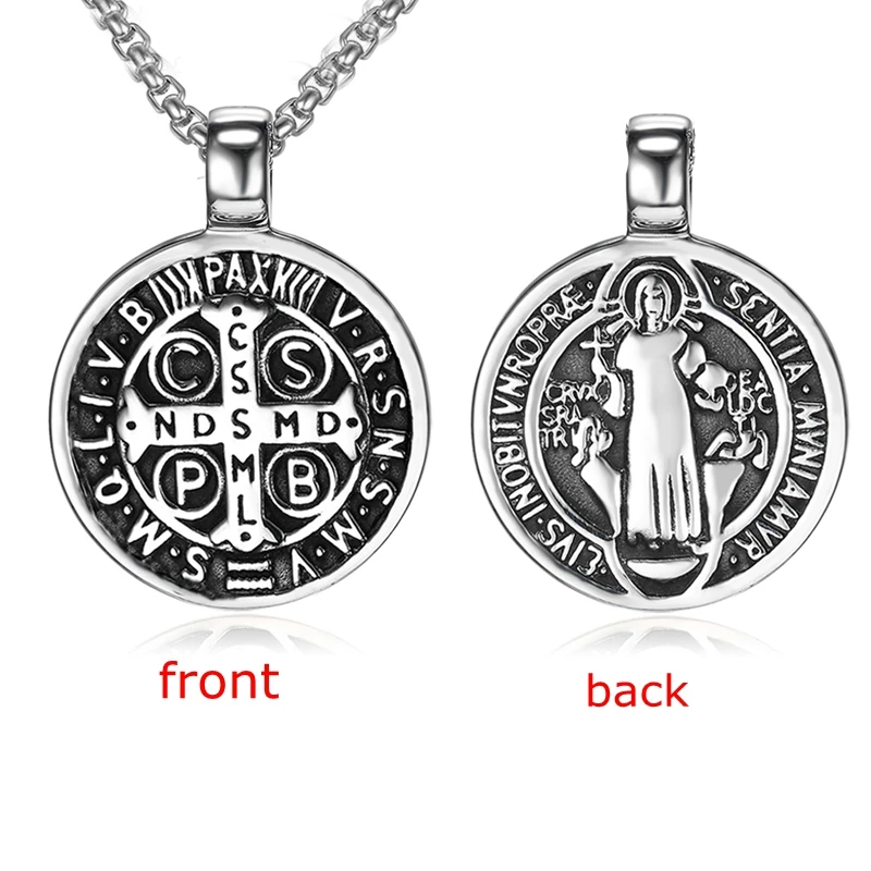 Mens St Benedict Exorcism Pendant Necklace Stainless Steel Catholic Roman Cross Demon Protection Ghost Hunter 