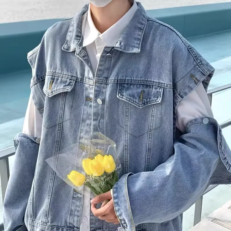 Custom Fashionable Loose Jeans Jacket Streetwear Casual Detachable Sleeves 2 in 1 Vest Denim Jacket for Men supplier