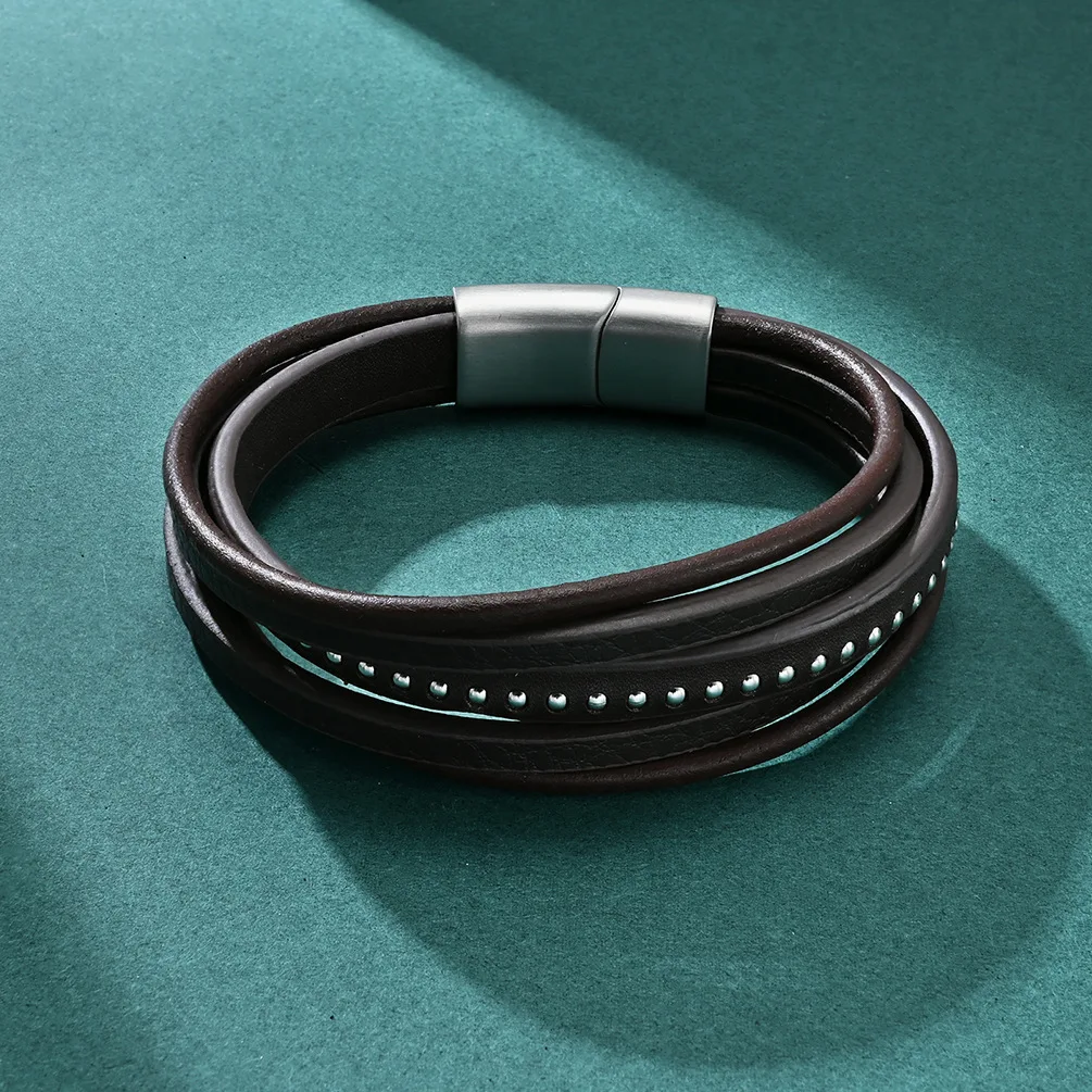 Hand-Woven Three-Layer Combination Accessories Stainless Steel Men'S Leather Bracelet