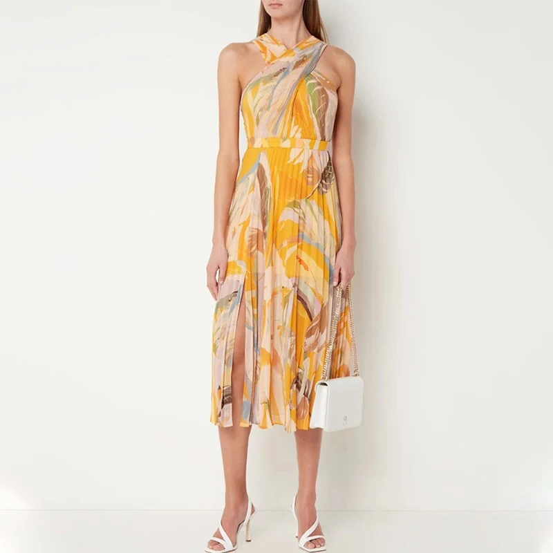 Summer Latest Ladies Women Casual Sleeveless Halter Plisse Sundress Pleated Dress Print Elegant Midi Long Chiffon Mini Floral