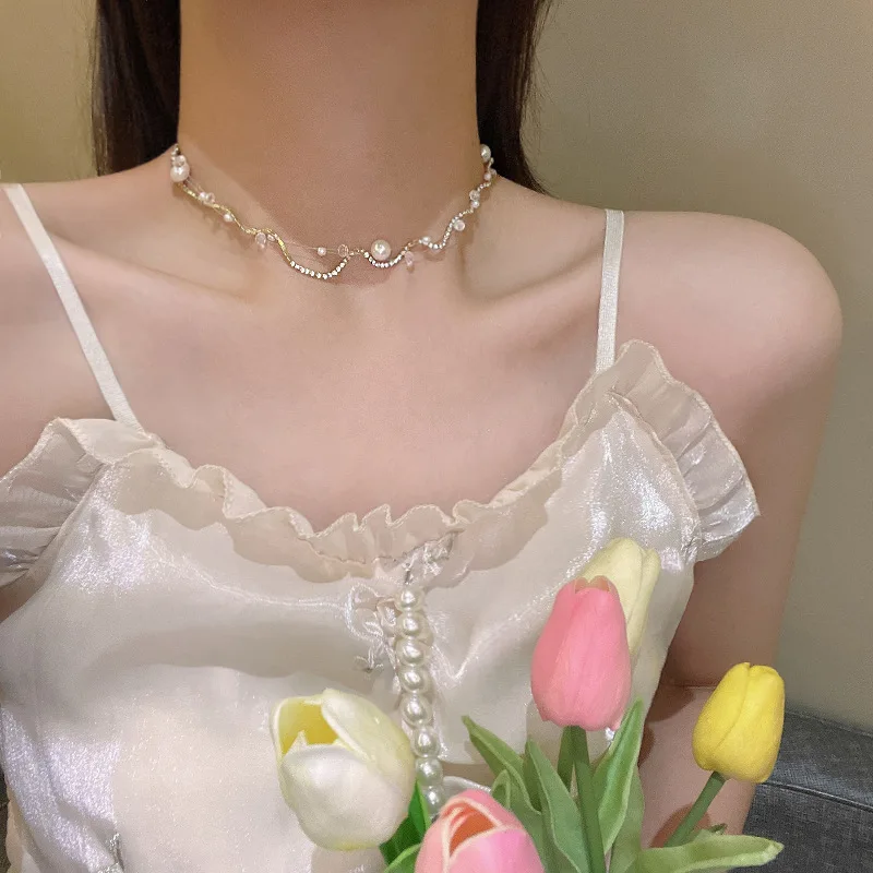 wild double layer Zircon pearl necklace women Fashion exquisite necklace light luxury simple clavicle chain