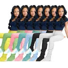 Women W122 Solid Color Sweatshirt Pleated Slit Sweatpants Bandage Bodycon Jogger Stacked Pants For Women