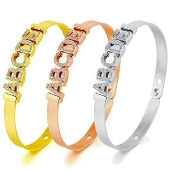 Fashion Wholesale Custom Stainless Steel Slide Metal Alphabet Designer Slider Letter Initial Charm Women Bangle Bracelet Jewelry