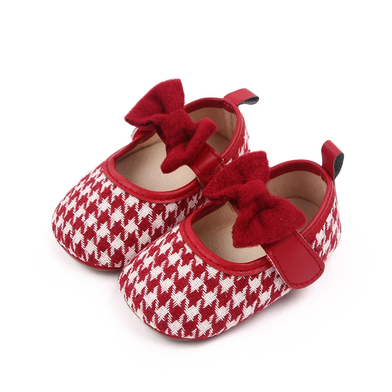 Plush Large Bow Thousand-bird Plaid Vintage Princess Soft-soled Toddler Shoes for Baby Girls manufacture