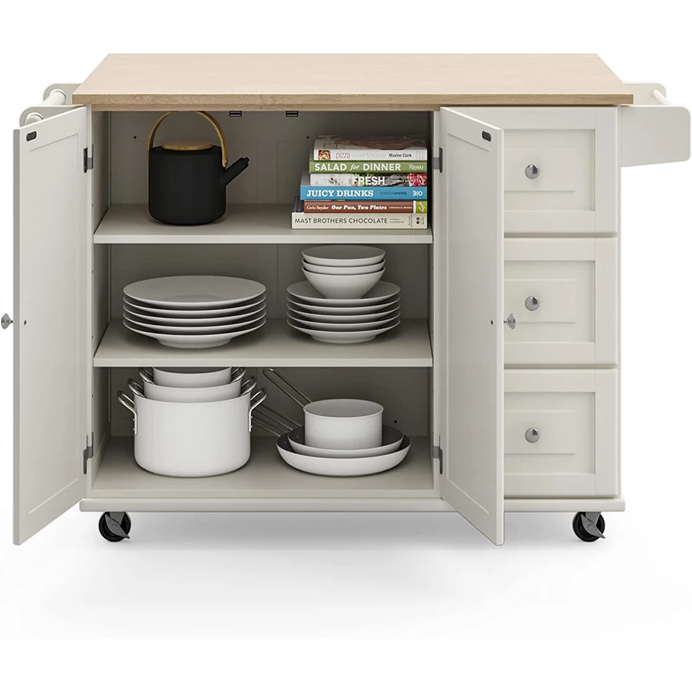 White Mobile Kitchen Trolley with Wheels Kitchen Island Cart with Wood Drop Leaf Breakfast Bar details
