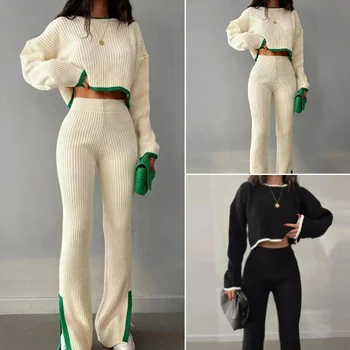 2024 New style Autumn Winter Knitted O-Neck Long Sleeve Sweater Top And Splice Pant Women Two Piece Pant Set