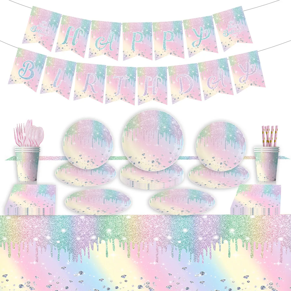 Rainbow gradient Macaron Diamond Birthday party Disposable paper plate set tablecloth party decoration supplies