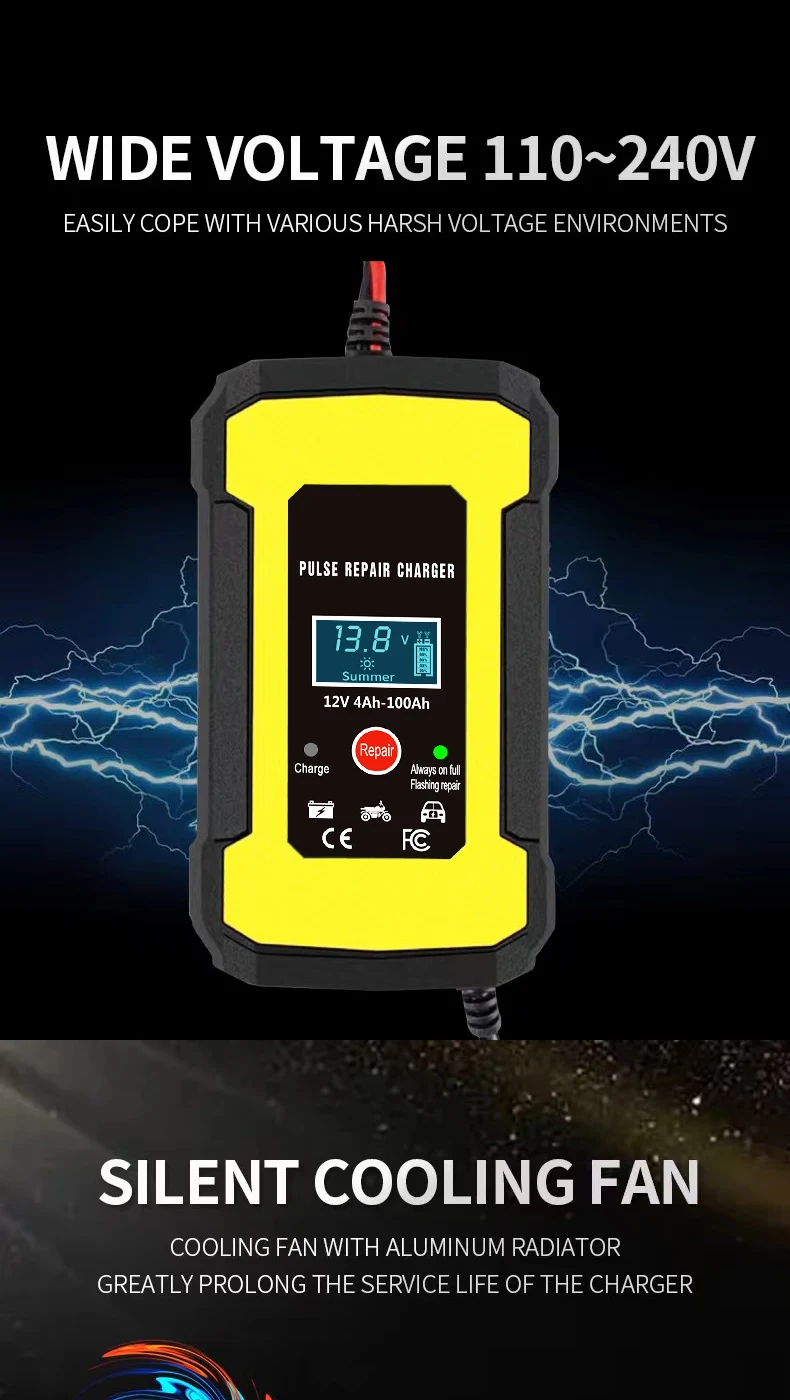 Factory price 12V battery charger 12V 6A automatic pulse repair lead acid gel agm vrla Universal motorcycle car battery charger
