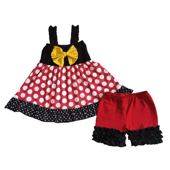 RTS Wholesale Yellow Bow Cartoon mouse Black Strap White Dots Red Dress Top Ruffle Shorts Baby Girl Clothes Boutique