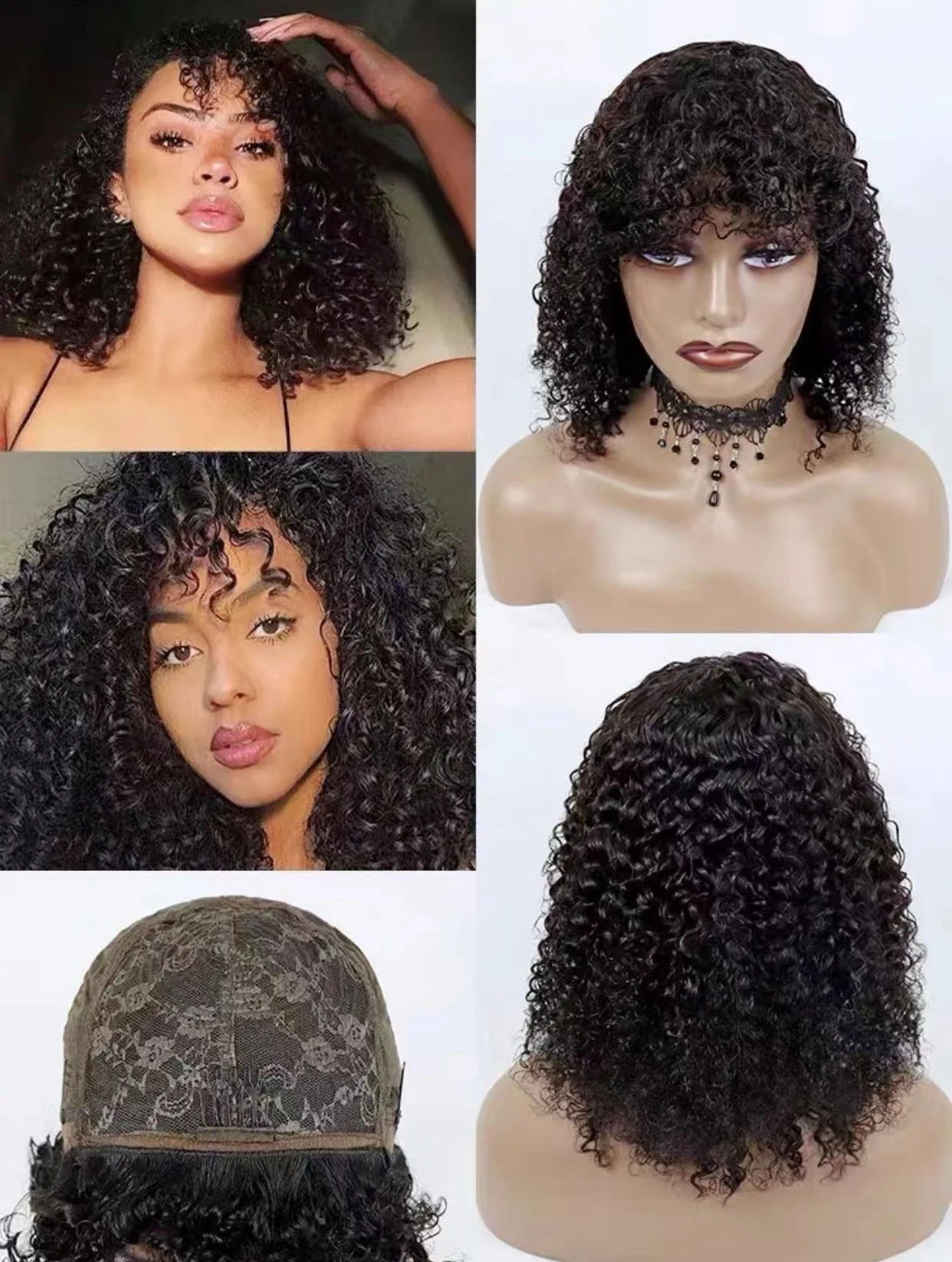 Factory Full Machine Made Wigs Virgin Cuticle Aligned Hair Non Lace Wigs Natural Color Curly Human Hair Wigs With Bangs