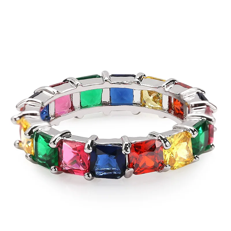 Casual Style Gold filled fashion rainbow bar eternity band rings square baguette cz engagement ring for women colorful jewelry