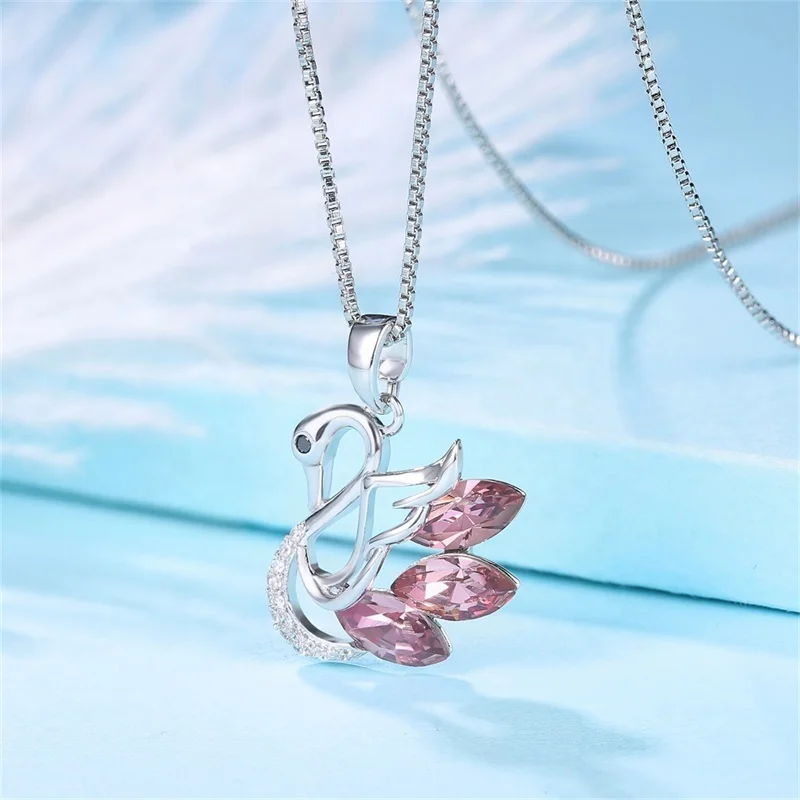 CDE N1410 2023 Animal Jewellery Pink Austrian Crystal Necklace Rhodium Plated Collar Swan Pendant Necklace For Girls Gift