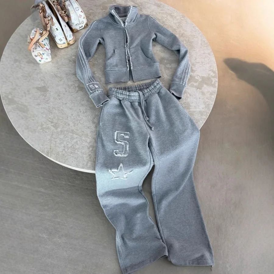 European American Fashion Casual Hot Girl Slim Fit Star Embroidery Double Zipper Anti-Wrinkle Women's Set supplier