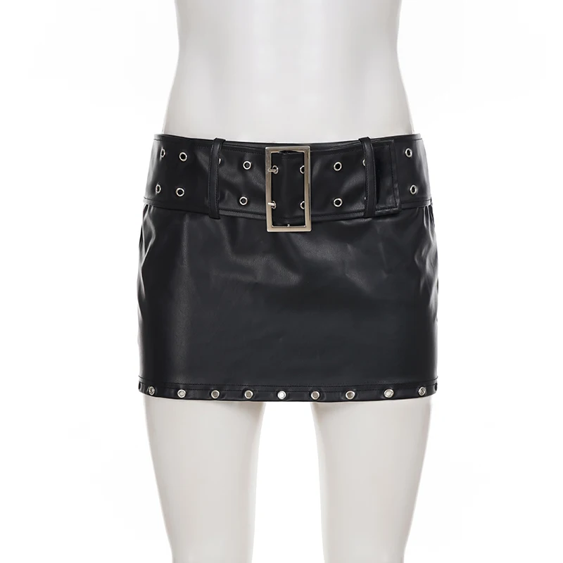 Fashion Punk Style Mini Skirt | Women's Black PU Leather Skirt with Grommet Detail | Custom Clubwear H7bfcc23851b7403db282d94421037719U
