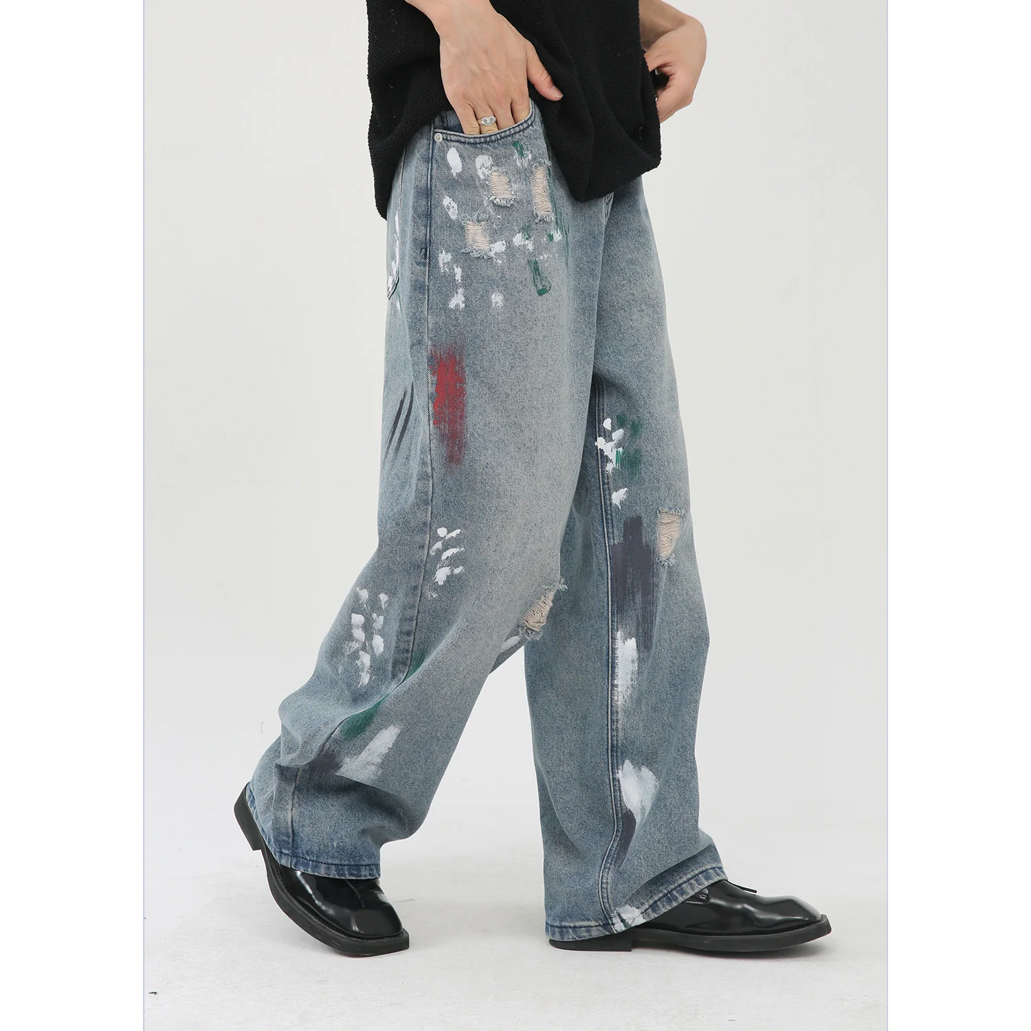 European Men's Plus Size Jeans Slimming Hole Patch Color Ink Dots Men's Jeans Street Hip Casual Denim Pants - Buy Hip-hop Casual Pants,Men's Biker Jeans Ripped Skinny,Plus Size