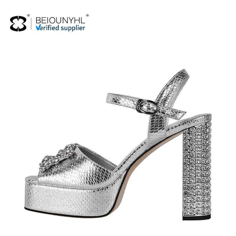 Customized Thick Platform Open Toe Ankle Strap Chunky Shinny Heels Sandals Ladies Square Toe Chunky High Heel Patent Pu Sandals