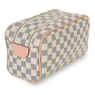 Make Up Bag Travel Luxury Checkered Two-Zipper Make Up PU Leather Toiletry Travel Cosmetic Bag