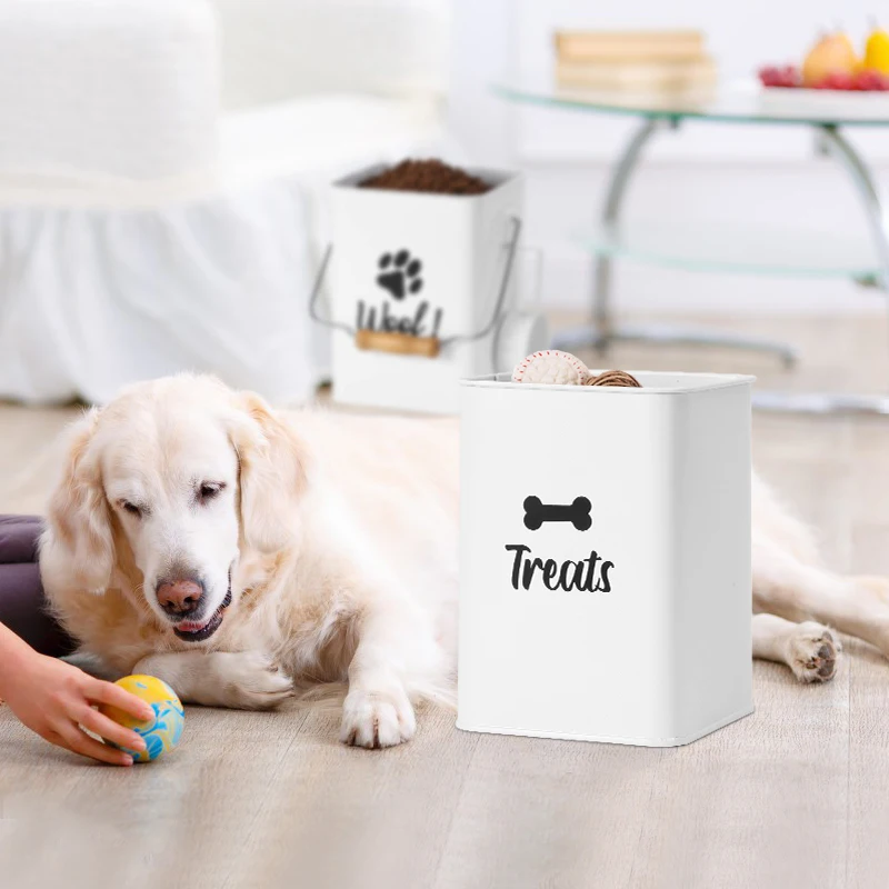 New Arrival Metal Set of Two Pet Food Storage Container Set with Wooden Lid