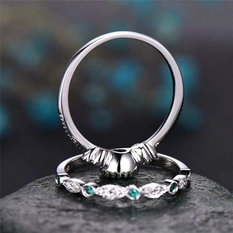 Fashion Couples Finger Jewelry Ring Wedding 925 Silver Plated Emerald Green & Blue Sapphire CZ Diamond ring set