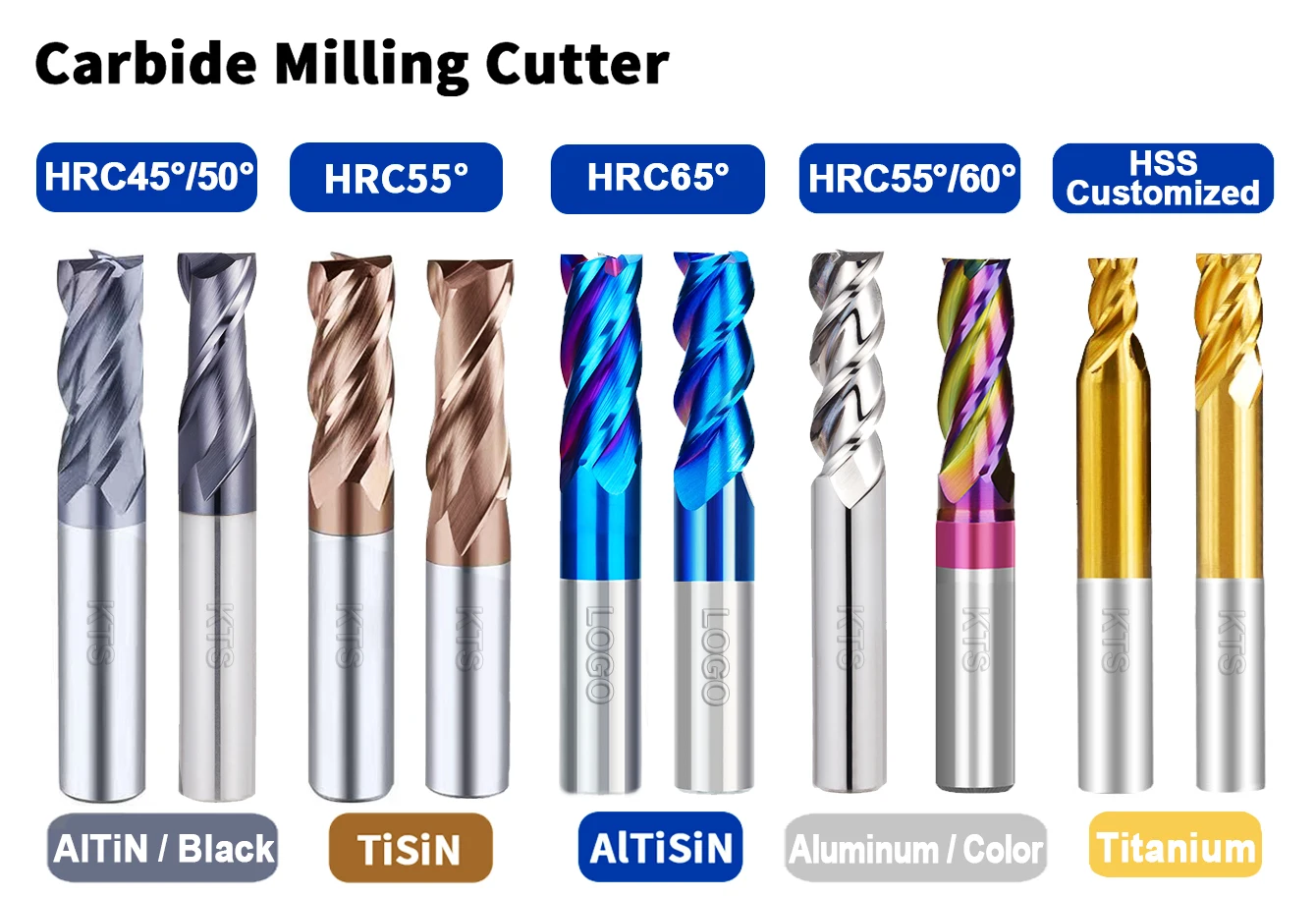 1 flute 2 flute 3 flute 4 flute 5flute end mills HRC45 HRC55 HRC65 HRC50 HRC60 HRC50 HSS tungsten carbide milling cutter