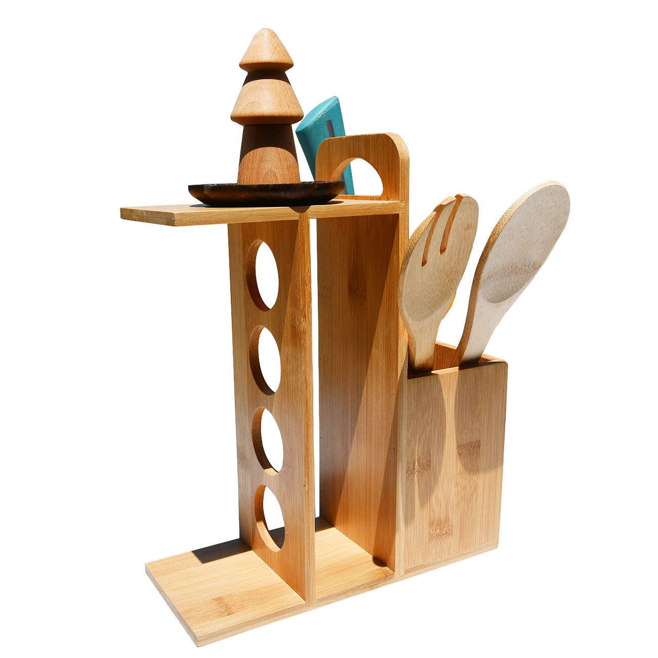 2022 multifunction kitchen wooden bambou spice holder rack freestanding with spoon holder for Organizer