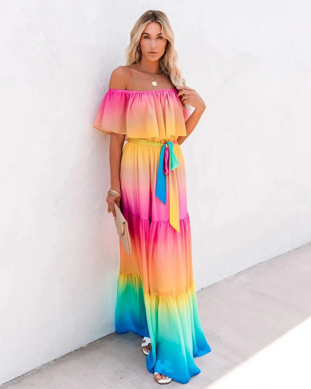 off shoulder gradient color ruffle maxi dress