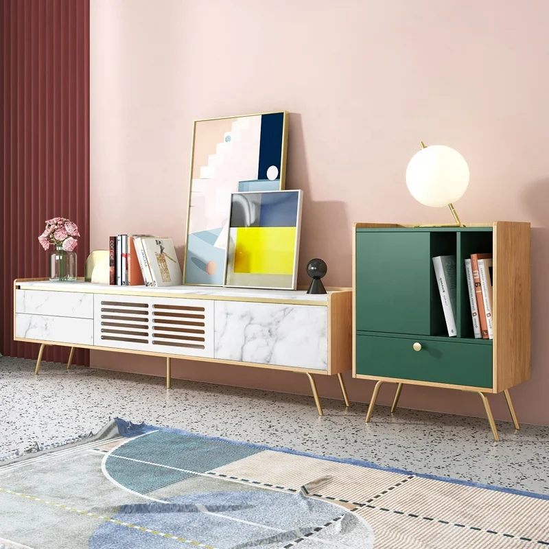 Home Modern Furniture 1.8m Marbling Slab Wood Frame Gold Foot TV Table Cabinet