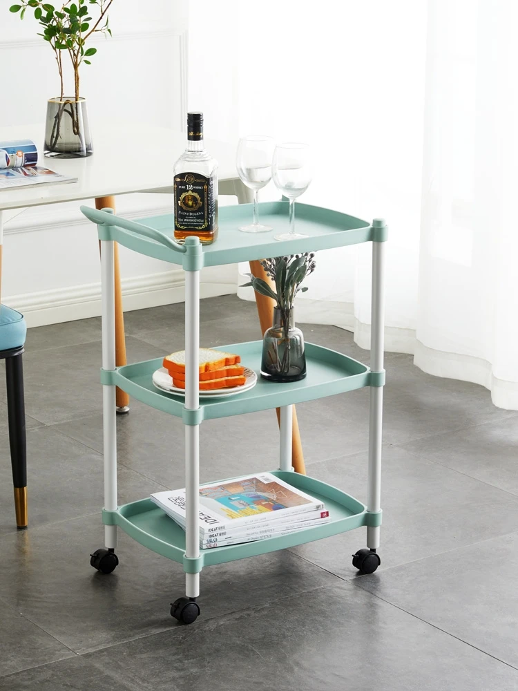 Fashion Design 2 Layer PP and Wooden Shelf Cart Storage Racks Living Room Storage Holders with Wheels