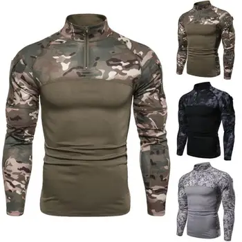 2021 European American men's military battlefield outdoor fitness bottoming shirt camouflage long-sleeved zipper pocket T-shirt