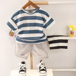 Children's Suit Boys And Girls Striped T-shirt + Solid Color Casual Shorts Summer Cotton Two-Piece Set