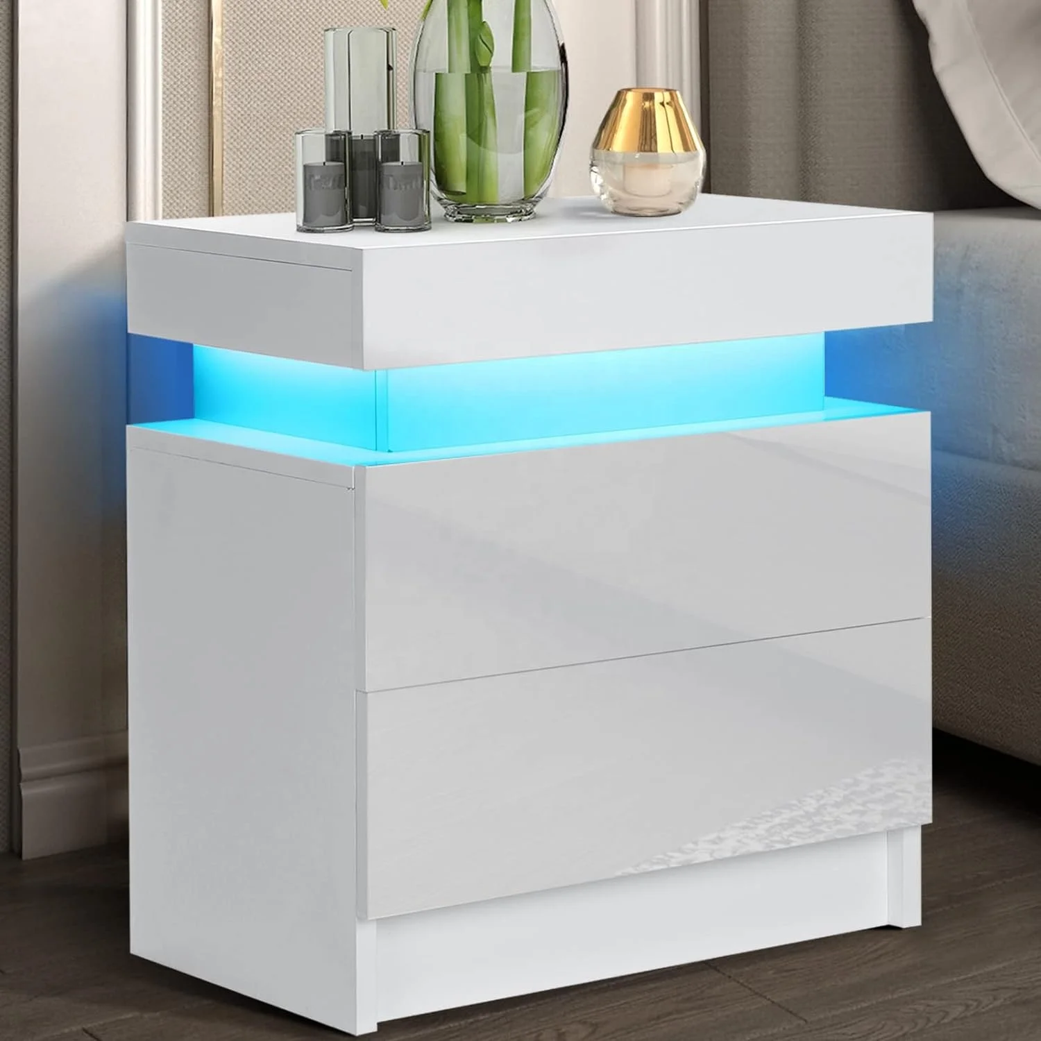 NOVA Mesa De Noche Bluetooth Smart Bedside Table With Wireless Charger High Gloss 2 Drawer Bedroom Nightstand With LED Light