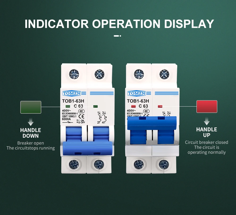 TOMZN 2P AC MCB TOB1-63 C Type 230/400V~ 50HZ/60HZ Mini Circuit Breaker 6A 10A 16A 20A 25A 32A 40A 50A 63A