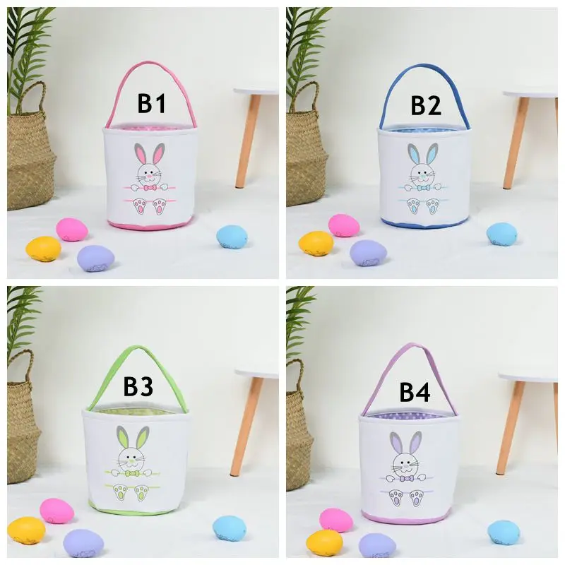 O231 Rabbit Tail Cartoon Animal Holiday Printed Canvas Carry Candy Eggs Bag Sequin Bunny Easter Basket