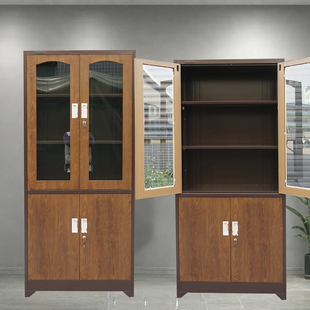 Lock Luxury Wood Grain Double 2 Swing Glass Door Storage Furniture Metal Steel Filing Modern Office Cabinet