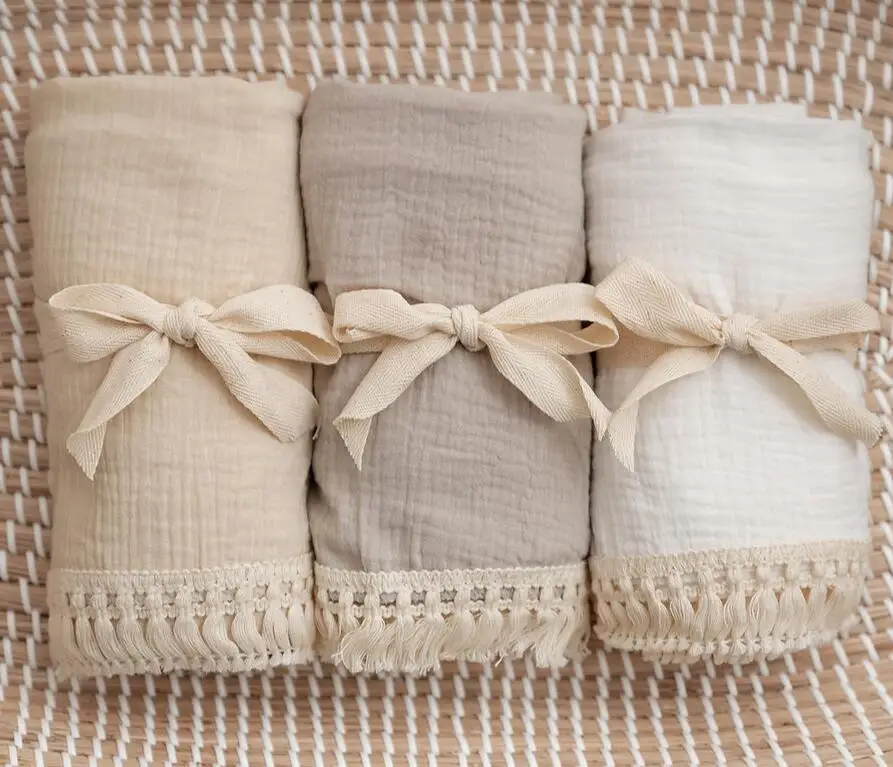 Hot Selling Soft Tassel Baby Towel Cotton Muslin Double Gauze Swaddle Wrap tassel  Cotton Blanket