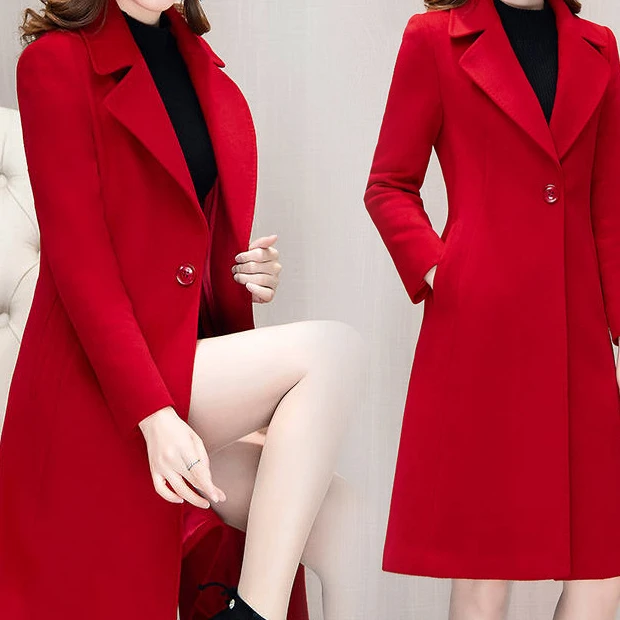 Custom Elegant Turn Down Collar Wool Coats Solid Color Belted Long