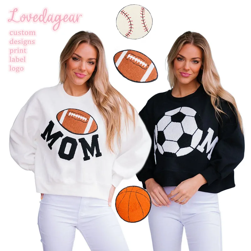 Custom Autumn Women Game Day Mom Football Monogrammed Chenille Patches Top Pullover Sweatshirt