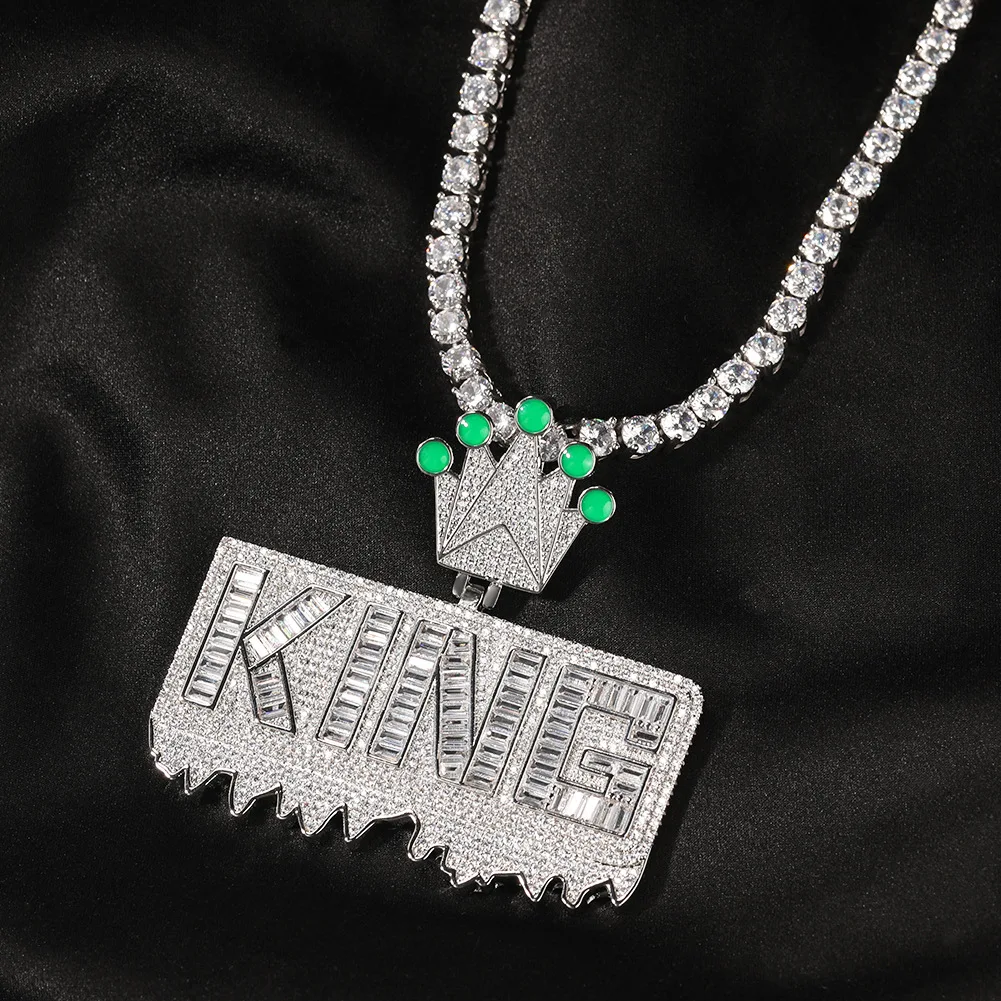 TOP ICY Green Enamel Crown Hook King Style iced out pendant words King 18k gold plated iced out pendant hip hop jewelry