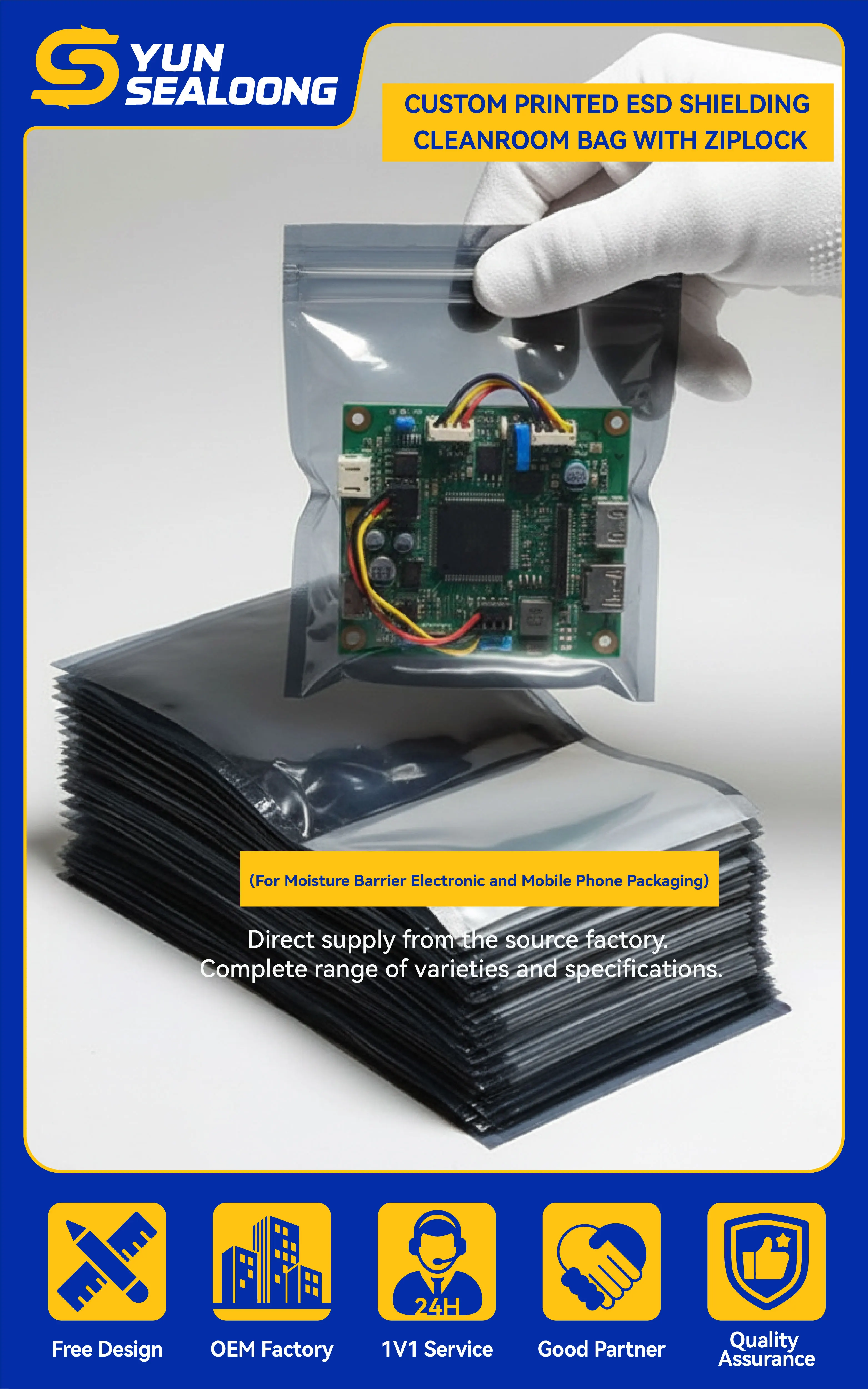 Custom Printed ESD Shielding Cleanroom Bag with Ziplock for Moisture Barrier Electronic and Mobile Phone Packaging