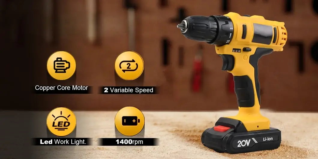 20V Cordless Drill Set, Electric Screwdriver with Brushed Motor for Drilling
