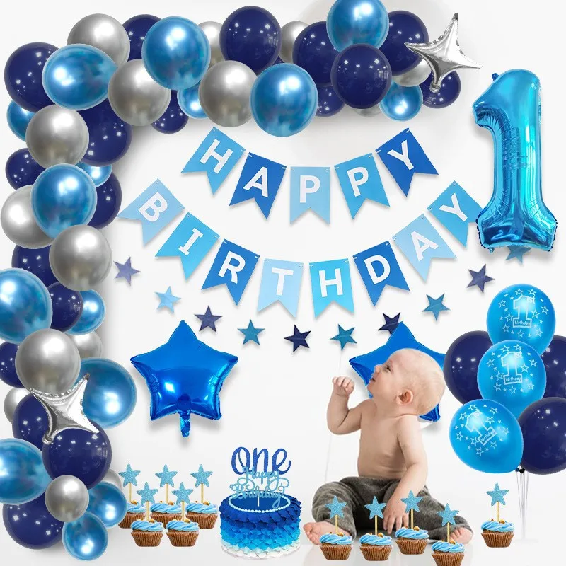 New blue birthday theme latex balloons garland arch 40 inch number balloons for boy baby shower party decoration