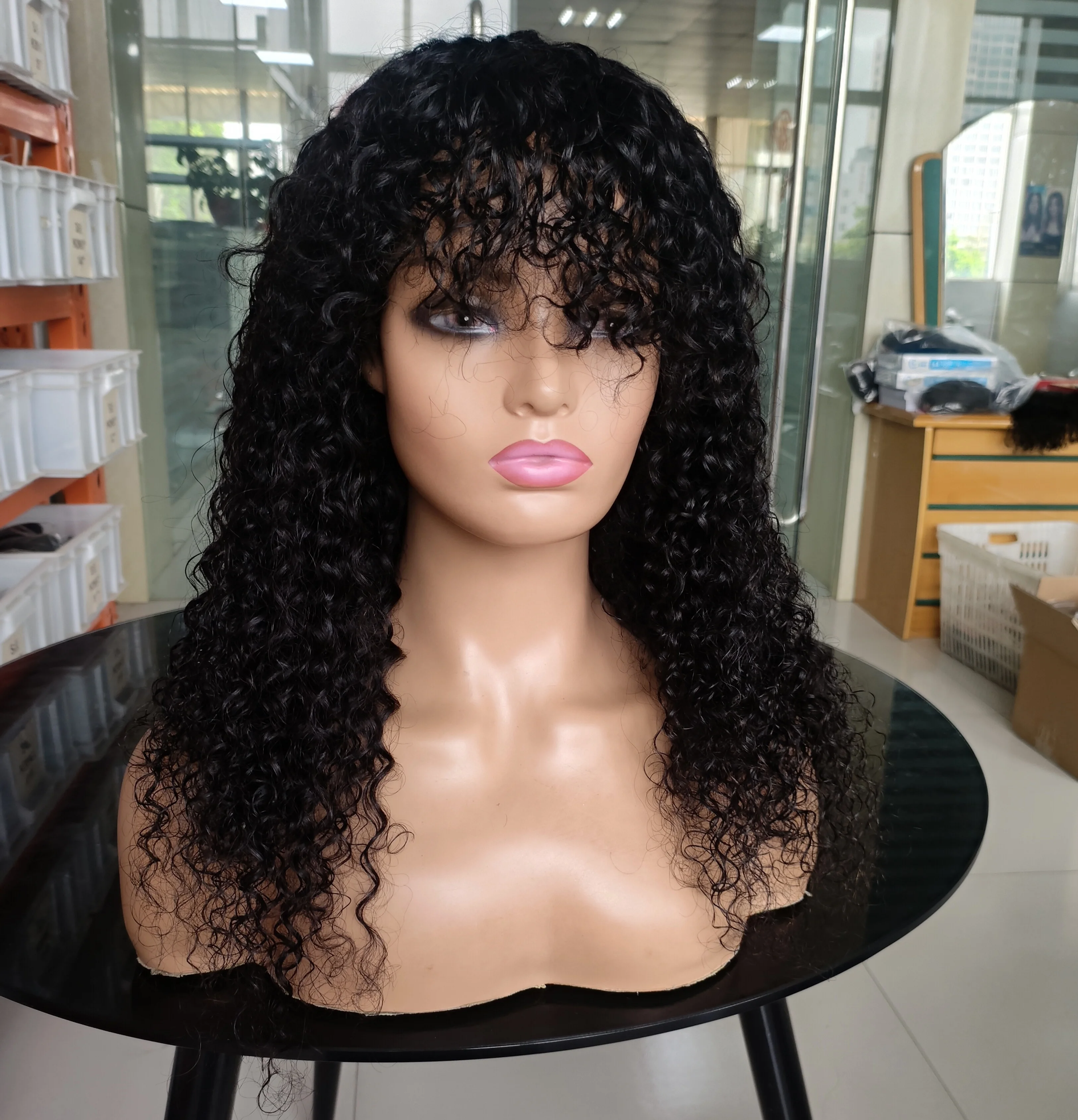 Factory Full Machine Made Wigs Virgin Cuticle Aligned Hair Non Lace Wigs Natural Color Curly Human Hair Wigs With Bangs