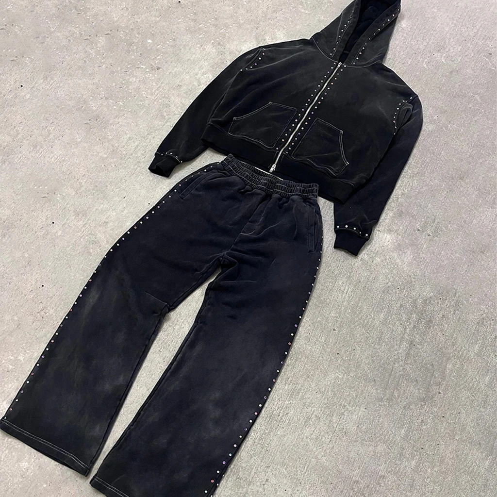 product mens hoodies rhinestone 100 cotton sweatpants and hoodie acid wash set oversized full zip up custom heavyweight for men-3