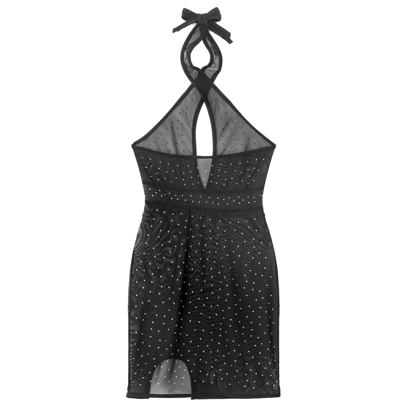 Womens Sparkling Rhinestone Sheer Mesh Halter Backless Mini Dress For Nightclub Buy Sexy 1020