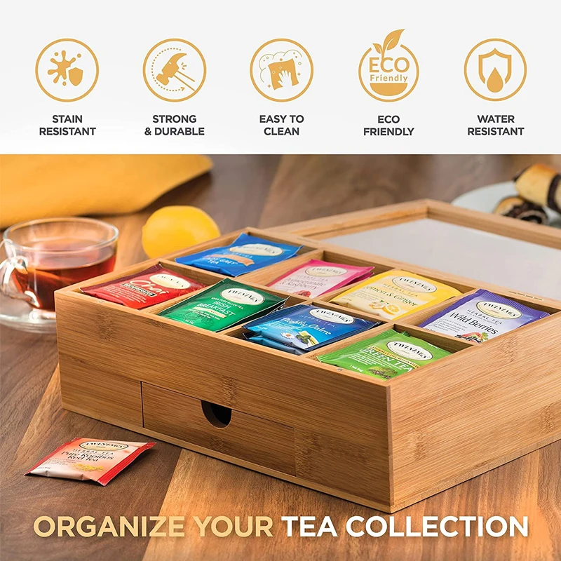SOPEWOD Bamboo Tea Storage Box Wood Tea Chest Organizer - Natural Storage Boxes  Modern Rectangle Bridge Shrink Wrap