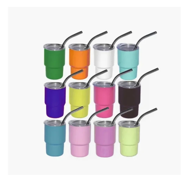 Fast ship quality 3oz powder coated 48pcs/case mixed colors laser engrave mini shotglass tumbler with metal straw