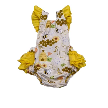 QL2021 Fashion baby summer romper suspenders backless baby yellow bee printing Newborn bodysuit toddler one piece clothing