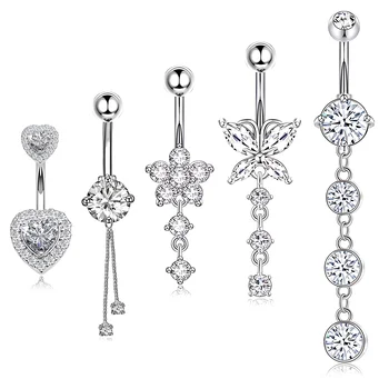 5Pcs/Set Butterfly Welded Chain Belly Button Ring Dangle Shiny Zircon Inlay Stainless Steel Navel Ring Piercing for Women